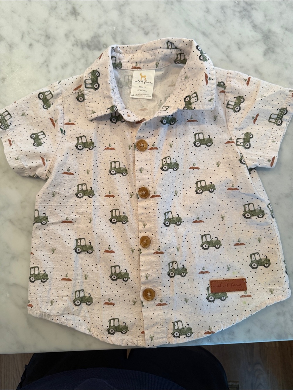 kids button-down shirt with green tractor print by wild & gone